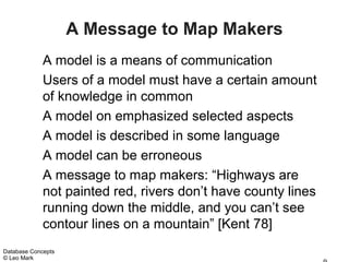 A Message to Map Makers
             A model is a means of communication
             Users of a model must have a certain amount
             of knowledge in common
             A model on emphasized selected aspects
             A model is described in some language
             A model can be erroneous
             A message to map makers: “Highways are
             not painted red, rivers don’t have county lines
             running down the middle, and you can’t see
             contour lines on a mountain” [Kent 78]
Database Concepts
© Leo Mark
 