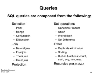 Queries
       SQL queries are composed from the following:

             Selection                  Set operations
              –     Point                –   Cartesian Product
              –     Range                –   Union
              –     Conjunction          –   Intersection
              –     Disjunction          –   Set Difference
             Join                       Other
              –     Natural join         – Duplicate elimination
              –     Equi join            – Sorting
              –     Theta join           – Built-in functions: count,
              –     Outer join             sum, avg, min, max
             Projection                 Recursive (not in SQL)
Database Concepts
© Leo Mark
 