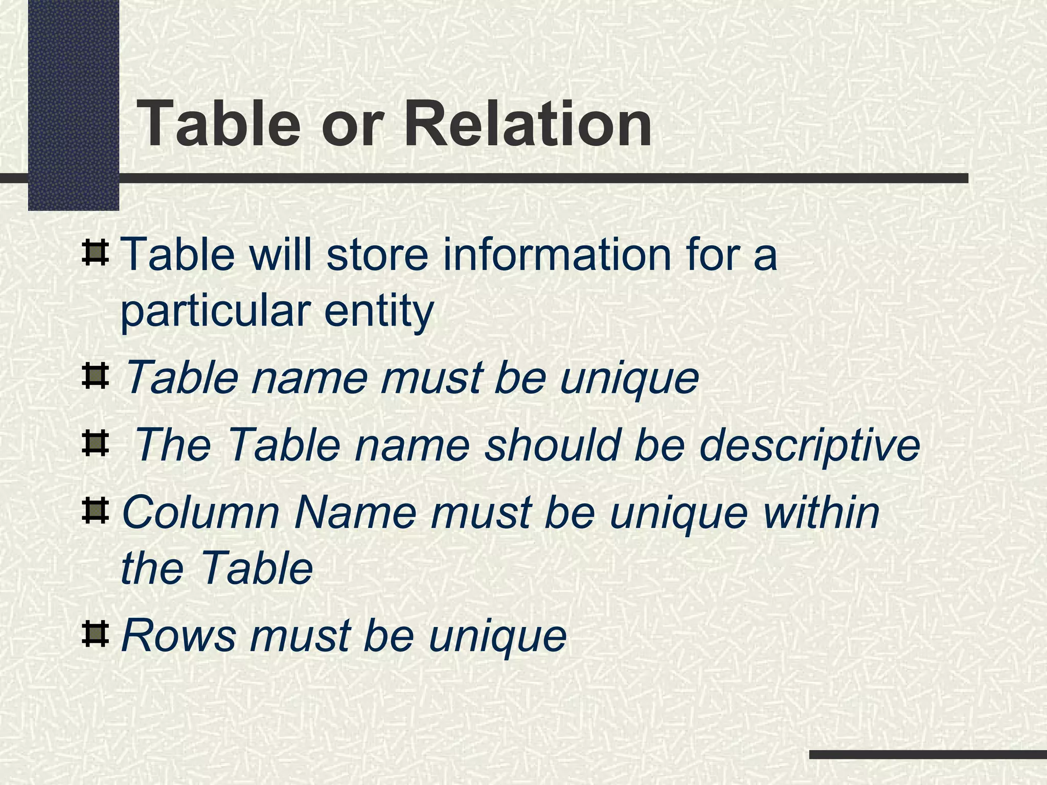 Table or Relation
Table will store information for a
particular entity
Table name must be unique
 The Table name should be descriptive
Column Name must be unique within
the Table
Rows must be unique
 