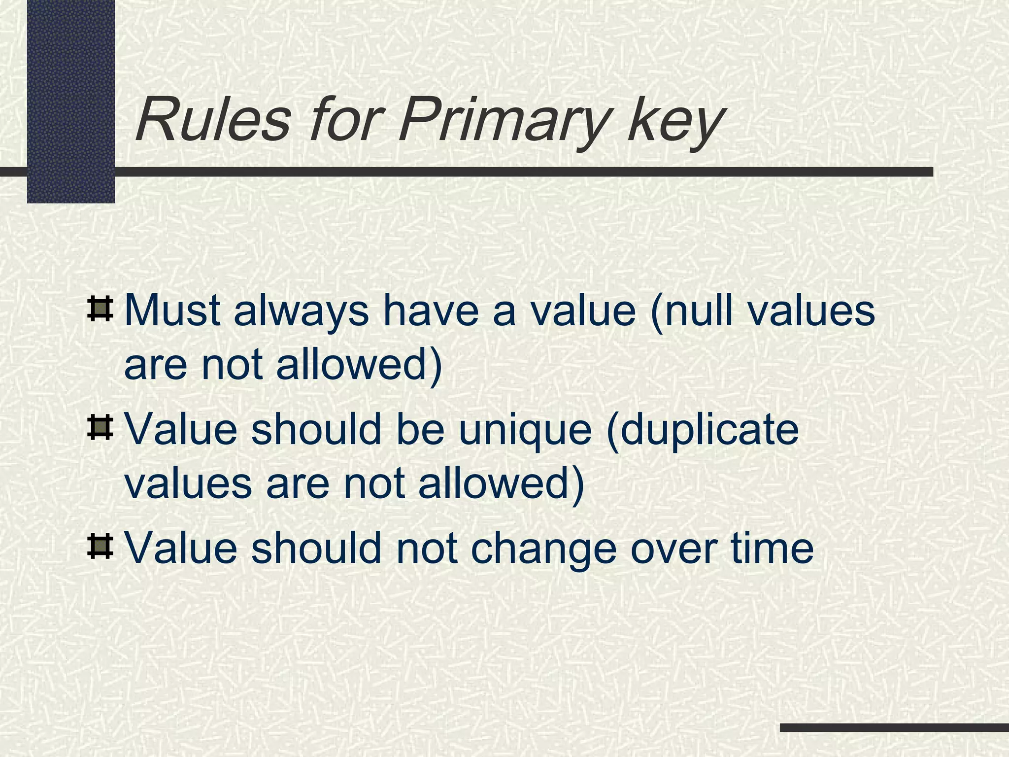 Rules for Primary key
Must always have a value (null values
are not allowed)
Value should be unique (duplicate
values are not allowed)
Value should not change over time
 