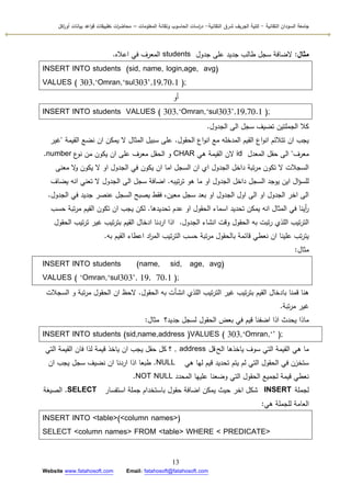 ‫التقانية‬ ‫السودان‬ ‫جامعة‬-‫ك‬‫شرق‬ ‫الجريف‬ ‫لية‬‫التقانية‬-‫المعمومات‬ ‫وتقانة‬ ‫الحاسوب‬ ‫اسات‬‫ر‬‫د‬–‫ت‬ ‫ات‬‫ر‬‫محاض‬‫اكل‬‫ر‬‫أو‬ ‫بيانات‬ ‫اعد‬‫و‬‫ق‬ ‫طبيقات‬
13
Website www.fatahosoft.com Email: fatahosoft@fatahosoft.com
‫مثال‬:‫الضافة‬‫جدكؿ‬ ‫عمى‬ ‫جديد‬ ‫طالب‬ ‫سجؿ‬students‫اعاله‬ ‫في‬ ‫المعرؼ‬.
INSERT INTO students (sid, name, login,age, avg)
VALUES ( 303,‘Omran,‘sul303’,19,70.1 );
‫أ‬‫ك‬
INSERT INTO students VALUES ( 303,‘Omran,‘sul303’,19,70.1 );
‫الجدكؿ‬ ‫الى‬ ‫سجؿ‬ ‫تضيؼ‬ ‫الجممتيف‬ ‫كال‬.
‫الحقكؿ‬ ‫اع‬‫ك‬‫ان‬ ‫مع‬ ‫المدخمو‬ ‫القيـ‬ ‫اع‬‫ك‬‫ان‬ ‫تتالئـ‬ ‫اف‬ ‫يجب‬.‫القيمة‬ ‫نضع‬ ‫اف‬ ‫يمكف‬ ‫ال‬ ‫المثاؿ‬ ‫سبيؿ‬ ‫عمى‬"‫غير‬
‫معرؼ‬"‫المعدؿ‬ ‫حقؿ‬ ‫الى‬id‫ىي‬ ‫القيمة‬ ‫الف‬CHAR‫ع‬‫نك‬ ‫مف‬ ‫يككف‬ ‫اف‬ ‫عمى‬ ‫معرؼ‬ ‫الحقؿ‬ ‫ك‬number.
‫معنى‬ ‫ال‬‫ك‬ ‫يككف‬ ‫ال‬ ‫اك‬ ‫الجدكؿ‬ ‫في‬ ‫يككف‬ ‫اف‬ ‫اما‬ ‫السجؿ‬ ‫اف‬ ‫ام‬ ‫الجدكؿ‬ ‫داخؿ‬ ‫تبة‬‫ر‬‫م‬ ‫تككف‬ ‫ال‬ ‫السجالت‬
‫تيبو‬‫ر‬‫ت‬ ‫ىك‬ ‫ما‬ ‫اك‬ ‫الجدكؿ‬ ‫داخؿ‬ ‫السجؿ‬ ‫يكجد‬ ‫ايف‬ ‫اؿ‬‫ؤ‬‫لمس‬.‫يضاؼ‬ ‫انو‬ ‫تعني‬ ‫ال‬ ‫الجدكؿ‬ ‫الى‬ ‫سجؿ‬ ‫اضافة‬
‫الجدكؿ‬ ‫في‬ ‫جديد‬ ‫عنصر‬ ‫السجؿ‬ ‫يصبح‬ ‫فقط‬ ،‫معيف‬ ‫سجؿ‬ ‫بعد‬ ‫اك‬ ‫الجدكؿ‬ ‫اكؿ‬ ‫الى‬ ‫اك‬ ‫الجدكؿ‬ ‫اخر‬ ‫الى‬.
‫تحديدىا‬ ‫عدـ‬ ‫اك‬ ‫الحقكؿ‬ ‫اسماء‬ ‫تحديد‬ ‫يمكف‬ ‫انو‬ ‫المثاؿ‬ ‫في‬ ‫أينا‬‫ر‬.‫حسب‬ ‫تبة‬‫ر‬‫م‬ ‫القيـ‬ ‫تككف‬ ‫اف‬ ‫يجب‬ ‫لكف‬
‫الجدكؿ‬ ‫انشاء‬ ‫كقت‬ ‫الحقكؿ‬ ‫بو‬ ‫تبت‬‫ر‬ ‫المذم‬ ‫تيب‬‫ر‬‫الت‬.‫الحقكؿ‬ ‫تيب‬‫ر‬‫ت‬ ‫غير‬ ‫تيب‬‫ر‬‫بت‬ ‫القيـ‬ ‫ادخاؿ‬ ‫اردنا‬ ‫اذا‬
‫بو‬ ‫القيـ‬ ‫اعطاء‬ ‫اد‬‫ر‬‫الم‬ ‫تيب‬‫ر‬‫الت‬ ‫حسب‬ ‫تبة‬‫ر‬‫م‬ ‫بالحقكؿ‬ ‫قائمة‬ ‫نعطي‬ ‫اف‬ ‫عمينا‬ ‫تب‬‫ر‬‫يت‬.
‫مثاؿ‬:
INSERT INTO students (name, sid, age, avg)
VALUES ( ‘Omran,‘sul303’, 19, 70.1 (;
‫الحقكؿ‬ ‫بو‬ ‫انشأت‬ ‫المذم‬ ‫تيب‬‫ر‬‫الت‬ ‫غير‬ ‫تيب‬‫ر‬‫بت‬ ‫القيـ‬ ‫بادخاؿ‬ ‫قمنا‬ ‫ىنا‬.‫السجالت‬ ‫ك‬ ‫تبة‬‫ر‬‫م‬ ‫الحقكؿ‬ ‫اف‬ ‫الحظ‬
‫تبة‬‫ر‬‫م‬ ‫غير‬.
‫مثاؿ‬ ‫جديد؟‬ ‫لسجؿ‬ ‫الحقكؿ‬ ‫بعض‬ ‫في‬ ‫قيـ‬ ‫اضفنا‬ ‫اذا‬ ‫يحدث‬ ‫ماذا‬:
INSERT INTO students (sid,name,address )VALUES ( 303,‘Omran,‘’ );
‫الح‬ ‫ياخذىا‬ ‫سكؼ‬ ‫التي‬ ‫القيمة‬ ‫ىي‬ ‫ما‬‫قؿ‬, address‫التي‬ ‫القيمة‬ ‫فاف‬ ‫لذا‬ ‫قيمة‬ ‫ياخذ‬ ‫اف‬ ‫يجب‬ ‫حقؿ‬ ‫كؿ‬ ‫؟‬
‫ىي‬ ‫ليا‬ ‫قيـ‬ ‫تحديد‬ ‫يتـ‬ ‫لـ‬ ‫التي‬ ‫الحقكؿ‬ ‫في‬ ‫ستخزف‬NULL.‫اف‬ ‫يجب‬ ‫سجؿ‬ ‫نضيؼ‬ ‫اف‬ ‫اردنا‬ ‫اذا‬ ‫طبعا‬
‫المحدد‬ ‫عمييا‬ ‫كضعنا‬ ‫التي‬ ‫الحقكؿ‬ ‫لجميع‬ ‫قيمة‬ ‫نعطي‬NOT NULL.
‫لجممة‬INSERT‫استفسار‬ ‫جممة‬ ‫باستخداـ‬ ‫حقكؿ‬ ‫اضافة‬ ‫يمكف‬ ‫حيث‬ ‫اخر‬ ‫شكؿ‬SELECT.‫الصيغة‬
‫ىي‬ ‫لمجممة‬ ‫العامة‬:
INSERT INTO <table>(<column names>)
SELECT <column names> FROM <table> WHERE < PREDICATE>
 
