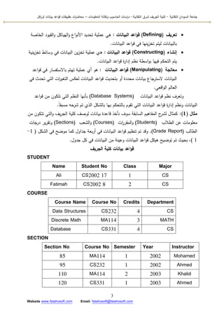 ‫التقانية‬ ‫السودان‬ ‫جامعة‬-‫ك‬‫شرق‬ ‫الجريف‬ ‫لية‬‫التقانية‬-‫المعمومات‬ ‫وتقانة‬ ‫الحاسوب‬ ‫اسات‬‫ر‬‫د‬–‫ت‬ ‫ات‬‫ر‬‫محاض‬‫اكل‬‫ر‬‫أو‬ ‫بيانات‬ ‫اعد‬‫و‬‫ق‬ ‫طبيقات‬
3
Website www.fatahosoft.com Email: fatahosoft@fatahosoft.com
‫تعريف‬(Defining)‫البيانات‬ ‫اعد‬‫و‬‫ق‬:‫الخاصة‬ ‫القيكد‬‫ك‬ ‫اليياكؿ‬‫ك‬ ‫اع‬‫ك‬‫األن‬ ‫تحديد‬ ‫عممية‬ ‫ىي‬
‫البيانات‬ ‫اعد‬‫ك‬‫ق‬ ‫في‬ ‫ينيا‬‫ز‬‫تخ‬ ‫ليتـ‬ ‫بالبيانات‬.
‫إنشاء‬(Constructing)‫البيانات‬ ‫اعد‬‫و‬‫ق‬:‫ق‬‫م‬‫ينية‬‫ز‬‫تخ‬ ‫كسائط‬ ‫في‬ ‫البيانات‬ ‫يف‬‫ز‬‫تخ‬ ‫عممية‬
‫البيانات‬ ‫اعد‬‫ك‬‫ق‬ ‫ة‬‫ر‬‫إدا‬ ‫نظـ‬ ‫اسطة‬‫ك‬‫ب‬ ‫فييا‬ ‫التحكـ‬ ‫يتـ‬.
‫معالجة‬(Manipulating)‫البيانات‬ ‫اعد‬‫و‬‫ق‬:‫اعد‬‫ك‬‫ق‬ ‫في‬ ‫باالستفسار‬ ‫تيتـ‬ ‫عممية‬ ‫أم‬ ‫ىك‬
‫في‬ ‫تحدث‬ ‫التي‬ ‫ات‬‫ر‬‫التغي‬ ‫لعكس‬ ‫البيانات‬ ‫اعد‬‫ك‬‫ق‬ ‫بتحديث‬ ‫أك‬ ‫محددة‬ ‫بيانات‬ ‫السترجاع‬ ‫البيانات‬
‫اقعي‬‫ك‬‫ال‬ ‫العالـ‬.
‫البيانات‬ ‫اعد‬‫ك‬‫ق‬ ‫نظـ‬ ‫كتعرؼ‬(Database Systems)‫اعد‬‫ك‬‫ق‬ ‫مف‬ ‫تتككف‬ ‫التي‬ ‫النظـ‬ ‫بأنيا‬
‫ن‬‫ا‬‫مسبق‬ ‫شرحو‬ ‫تـ‬ ‫الذم‬ ‫بالشكؿ‬ ‫بيا‬ ‫بالتحكـ‬ ‫تقكـ‬ ‫التي‬ ‫البيانات‬ ‫اعد‬‫ك‬‫ق‬ ‫ة‬‫ر‬‫إدا‬ ‫كنظـ‬ ‫البيانات‬.
‫مثال‬(1):‫مف‬ ‫تتككف‬ ‫التي‬‫ك‬ ‫يؼ‬‫ر‬‫الج‬ ‫كمية‬ ‫لكصؼ‬ ‫بيانات‬ ‫قاعدة‬ ‫نأخذ‬ ‫سكؼ‬ ‫السابقة‬ ‫المفاىيـ‬ ‫ح‬‫لشر‬ ‫كمثاؿ‬
‫الطالب‬ ‫عف‬ ‫معمكمات‬(Students)‫ات‬‫ر‬‫المقر‬‫ك‬(Courses)‫الشعب‬‫ك‬(Sections)‫درجات‬ ‫ير‬‫ر‬‫كتق‬
‫الطالب‬(Grade Report).‫الشكؿ‬ ‫في‬ ‫مكضح‬ ‫كما‬ ‫جداكؿ‬ ‫بعة‬‫ر‬‫أ‬ ‫في‬ ‫البيانات‬ ‫اعد‬‫ك‬‫ق‬ ‫تنظيـ‬ ‫تـ‬ ‫كقد‬(1-
1)‫جدكؿ‬ ‫كؿ‬ ‫في‬ ‫البيانات‬ ‫مف‬ ‫كعينة‬ ‫البيانات‬ ‫اعد‬‫ك‬‫ق‬ ‫ىيكؿ‬ ‫تكضيح‬ ‫تـ‬ ‫بحيث‬ ،.
‫الجريف‬ ‫كمية‬ ‫بيانات‬ ‫اعد‬‫و‬‫ق‬
STUDENT
Name Student No Class Major
Ali CS2002 17 1 CS
Fatimah CS2002 8 2 CS
COURSE
Course Name Course No Credits Department
Data Structures CS232 4 CS
Discrete Math MA114 3 MATH
Database CS331 4 CS
SECTION
InstructorYearSemesterCourse NoSection No
Mohamed20021MA11485
Ahmed20021CS23295
Khalid20032MA114110
Ahmed20031CS331120
 
