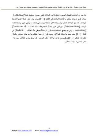 ‫التقانية‬ ‫السودان‬ ‫جامعة‬-‫ك‬‫شرق‬ ‫الجريف‬ ‫لية‬‫التقانية‬-‫المعمومات‬ ‫وتقانة‬ ‫الحاسوب‬ ‫اسات‬‫ر‬‫د‬–‫ت‬ ‫ات‬‫ر‬‫محاض‬‫اكل‬‫ر‬‫أو‬ ‫بيانات‬ ‫اعد‬‫و‬‫ق‬ ‫طبيقات‬
9
Website www.fatahosoft.com Email: fatahosoft@fatahosoft.com
‫أك‬ ‫طالب‬ ‫إضافة‬ ‫ن‬‫ال‬‫فمث‬ ،‫ة‬‫ر‬‫مستم‬ ‫ة‬‫ر‬‫بصك‬ ‫تتغير‬ ‫البيانات‬ ‫قاعدة‬ ‫داخؿ‬ ‫المكجكدة‬‫ك‬ ‫الفعمية‬ ‫البيانات‬ ‫أف‬ ‫نجد‬ ‫اننا‬
‫الشكؿ‬ ‫في‬ ‫البيانات‬ ‫لقاعدة‬ ‫ما‬ ‫لطالب‬ ‫درجات‬ ‫ير‬‫ر‬‫تق‬ ‫إضافة‬(1-1)‫لقاعدة‬ ‫الفعمية‬ ‫الحالة‬ ‫عمى‬ ‫يؤثر‬ ‫سكؼ‬
‫البيانات‬.‫قاعدة‬ ‫كضع‬ ‫عمييا‬ ‫يطمؽ‬ ‫ما‬ ‫لحظة‬ ‫في‬ ‫البيانات‬ ‫قاعدة‬ ‫داخؿ‬ ‫المكجكدة‬‫ك‬ ‫الفعمية‬ ‫البيانات‬ ‫فإف‬ ‫لذا‬
‫البيانات‬(Database State)‫ن‬‫ا‬‫ايض‬ ‫عمييا‬ ‫كيطمؽ‬ ،:‫لمحاالت‬ ‫الحالية‬ ‫المجمكعة‬(Current set of
Instructions).‫الطالب‬ ‫مثؿ‬ ‫كصفي‬ ‫منشأ‬ ‫أم‬ ‫يككف‬ ‫بيانات‬ ‫قاعدة‬ ‫كضع‬ ‫أم‬ ‫كفي‬(Student)‫في‬
‫الشكؿ‬(1-1)‫بعينيا‬ ‫حالة‬ ‫ىك‬ ‫ما‬ ‫لطالب‬ ‫سجؿ‬ ‫أم‬ ‫يككف‬ ‫بحيث‬ ،‫لمحاالت‬ ‫حالية‬ ‫مجمكعة‬ ‫ن‬‫ا‬‫أيض‬.‫ككمثاؿ‬
‫الشكؿ‬ ‫فإف‬ ‫لذلؾ‬(1-1)‫بيانات‬ ‫لقاعدة‬ ‫كضع‬ ‫يمثؿ‬‫يؼ‬‫ر‬‫الج‬ ‫كمية‬‫مجمكعة‬ ‫الطالب‬ ‫جدكؿ‬ ‫يمثؿ‬ ‫كما‬ ،
‫الطالبية‬ ‫الحاالت‬ ‫لبعض‬ ‫حالية‬.
 
