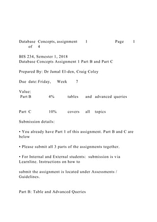 Database Concepts, assignment 1 Page 1
of 4
BIS 234, Semester 1, 2018
Database Concepts Assignment 1 Part B and Part C
Prepared By: Dr Jamal El-den, Craig Coley
Due date: Friday, Week 7
Value:
Part B 4% tables and advanced queries
Part C 10% covers all topics
Submission details:
• You already have Part 1 of this assignment. Part B and C are
below
• Please submit all 3 parts of the assignments together.
• For Internal and External students: submission is via
Learnline. Instructions on how to
submit the assignment is located under Assessments /
Guidelines.
Part B: Table and Advanced Queries
 