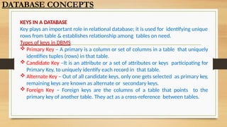 KEYS IN A DATABASE
Key plays an important role in relational database; it is used for identifying unique
rows from table & establishes relationship among tables on need.
Types of keys in DBMS
 Primary Key – A primary is a column or set of columns in a table that uniquely
identifies tuples (rows) in that table.
 Candidate Key –It is an attribute or a set of attributes or keys participating for
Primary Key, to uniquely identify each record in that table.
 Alternate Key – Out of all candidate keys, only one gets selected as primary key,
remaining keys are known as alternate or secondary keys.
 Foreign Key – Foreign keys are the columns of a table that points to the
primary key of another table. They act as a cross-reference between tables.
DATABASE CONCEPTS
 