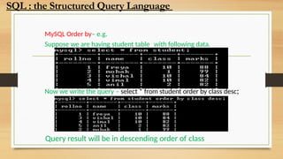 MySQL Order by– e.g.
Suppose we are having student table with following data.
Now we write the query – select * from student order by class desc;
Query result will be in descending order of class
SQL : the Structured Query Language
 