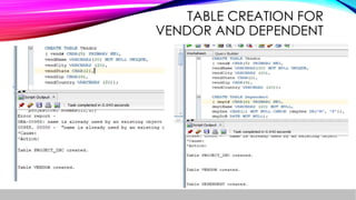 TABLE CREATION FOR
VENDOR AND DEPENDENT
 