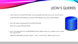 LEON’S QUERIES
1. Add 2 columns to the EMPLOYEE table, one for employee start date and one for name of spouse
ALTER TABLE EMPLOYEE ADD(emp_startdate VARCHAR2(20), emp_spouse VARCHAR(20) );
1. Show the wages of employees from the EMPLOYEE table.
SELECT emp_salary FROM EMPLOYEE;
1. Add a new dependent into the DEPENDENTS table for William Moore’s son, Wilheim, who is a male,
born June 20, 2019.
INSERT INTO DEPENDENTS VALUES( ‘Wilheim’, ‘male’, ‘June 20, 2019’, ‘William Moore’s son’};
 