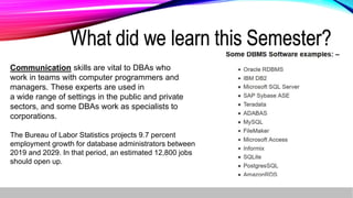 Communication skills are vital to DBAs who
work in teams with computer programmers and
managers. These experts are used in
a wide range of settings in the public and private
sectors, and some DBAs work as specialists to
corporations.
The Bureau of Labor Statistics projects 9.7 percent
employment growth for database administrators between
2019 and 2029. In that period, an estimated 12,800 jobs
should open up.
 