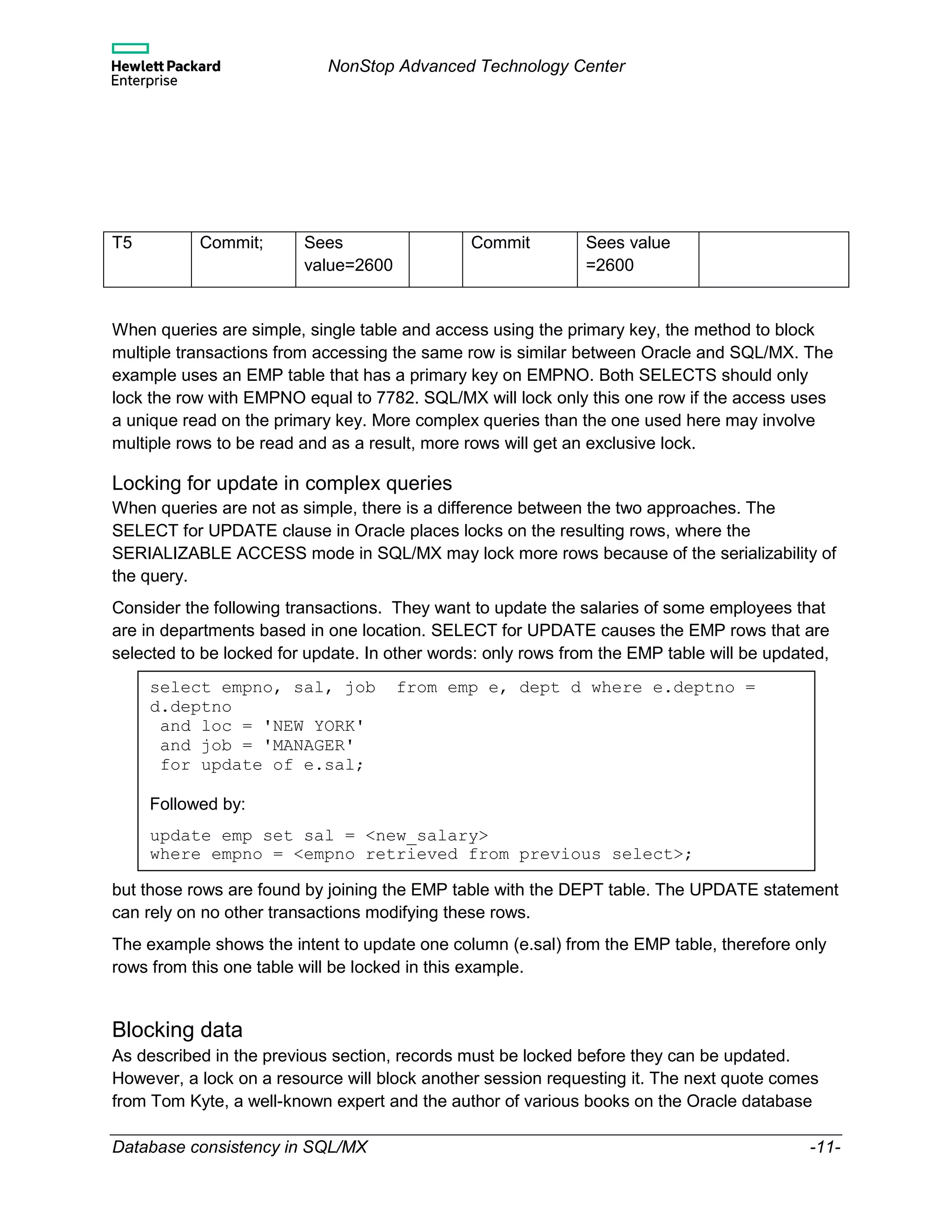 NonStop Advanced Technology Center
Database consistency in SQL/MX -11-
T5 Commit; Sees
value=2600
Commit Sees value
=2600
When queries are simple, single table and access using the primary key, the method to block
multiple transactions from accessing the same row is similar between Oracle and SQL/MX. The
example uses an EMP table that has a primary key on EMPNO. Both SELECTS should only
lock the row with EMPNO equal to 7782. SQL/MX will lock only this one row if the access uses
a unique read on the primary key. More complex queries than the one used here may involve
multiple rows to be read and as a result, more rows will get an exclusive lock.
Locking for update in complex queries
When queries are not as simple, there is a difference between the two approaches. The
SELECT for UPDATE clause in Oracle places locks on the resulting rows, where the
SERIALIZABLE ACCESS mode in SQL/MX may lock more rows because of the serializability of
the query.
Consider the following transactions. They want to update the salaries of some employees that
are in departments based in one location. SELECT for UPDATE causes the EMP rows that are
selected to be locked for update. In other words: only rows from the EMP table will be updated,
but those rows are found by joining the EMP table with the DEPT table. The UPDATE statement
can rely on no other transactions modifying these rows.
The example shows the intent to update one column (e.sal) from the EMP table, therefore only
rows from this one table will be locked in this example.
Blocking data
As described in the previous section, records must be locked before they can be updated.
However, a lock on a resource will block another session requesting it. The next quote comes
from Tom Kyte, a well-known expert and the author of various books on the Oracle database
select empno, sal, job from emp e, dept d where e.deptno =
d.deptno
and loc = 'NEW YORK'
and job = 'MANAGER'
for update of e.sal;
Followed by:
update emp set sal = <new_salary>
where empno = <empno retrieved from previous select>;
 