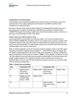 NonStop Advanced Technology Center
Database consistency in SQL/MX -4-
Implications of locking data
Locking data ensures transactional integrity but at the same time it may reduce concurrency
because while a row is being updated by one transaction, the DBMS must block other
transactions from doing the same.
Row locks may also cause writers to block readers from accessing these locked rows even if
they simply want to retrieve committed data. SQL/MX write transactions will block READ
COMMITTED readers from reading, Oracle writes will not block readers; instead, it will return a
previously committed (stale) version to the reader.
Oracle read committed isolation level
Oracle uses MVCC to avoid writers from blocking readers. The minimum isolation level in
Oracle is READ COMMITTED, therefore, when a row is locked as the result of an update, other
transactions will get a stale copy of the data as it existed before the update had occurred. For
long running read transactions, the data returned will even be consistent with the time the read
operation began, which may be a while back.
When an Oracle application has found rows that it needs to update it needs to read them again
requesting a lock either explicitly using the SELECT … FOR UPDATE clause or implicitly with
the update or delete statement. Care must be taken by the application to prevent updates from
earlier transactions from being lost as is shown in Table 1. In this example, transaction TX1 and
TX2 both update the same row after they have read committed data. This is known as the “lost
update” problem because TX1’s update of the SAL column to 900 at time T2 is lost. An
additional effect is that TX1 and TX2 will see different results for the same row at time T6 while
both are reading committed data.
Table 1: Oracle read consistency
Time Transaction TX1 Transaction TX2
T1 Select sal from
emp where
empno=7900;
Result = 950 Select sal from
emp where
empno=7900;
Result = 950
T2 Update emp set
sal=900 where
empno = 7900;
Result = 900
T3 Select sal from
emp where empno
7900;
Result = 950
 
