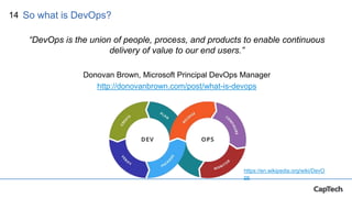 14
“DevOps is the union of people, process, and products to enable continuous
delivery of value to our end users.”
Donovan Brown, Microsoft Principal DevOps Manager
http://donovanbrown.com/post/what-is-devops
So what is DevOps?
https://en.wikipedia.org/wiki/DevO
ps
 