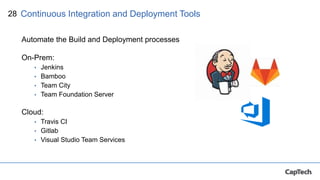 28
Automate the Build and Deployment processes
On-Prem:
• Jenkins
• Bamboo
• Team City
• Team Foundation Server
Cloud:
• Travis CI
• Gitlab
• Visual Studio Team Services
Continuous Integration and Deployment Tools
 