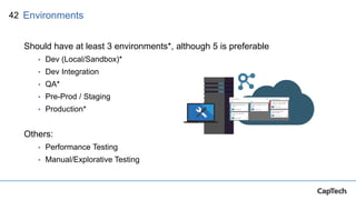 42
Should have at least 3 environments*, although 5 is preferable
• Dev (Local/Sandbox)*
• Dev Integration
• QA*
• Pre-Prod / Staging
• Production*
Others:
• Performance Testing
• Manual/Explorative Testing
Environments
 