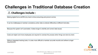 Challenges in Traditional Database Creation
01/01/2025
www.clinosol.com | follow us on social media
@clinosolresearch
6
⚠️Challenges include :
Making digital forms (eCRFs) by hand is time-consuming and prone to errors.
It can be challenging to maintain consistency when data is entered differently at different trial sites.
Because the system isn't automated, it takes longer to identify and correct data issues.
.
Costs are higher and more employees are required to oversee the process when things are done by hand.
Without integrated tracking tools, it is also more difficult to maintain accurate records and adhere to legal
requirements.
 