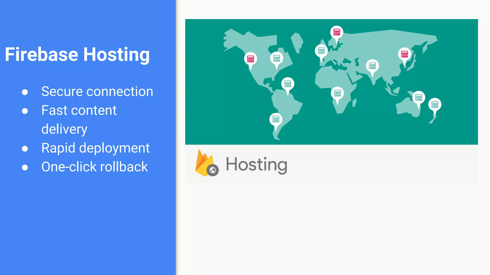 ● Secure connection
● Fast content
delivery
● Rapid deployment
● One-click rollback
Firebase Hosting
