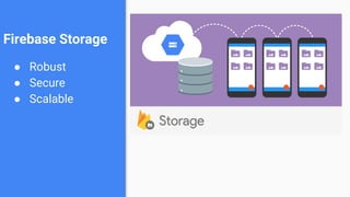 Firebase Storage
● Robust
● Secure
● Scalable
 