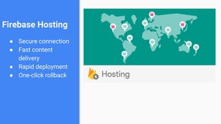 ● Secure connection
● Fast content
delivery
● Rapid deployment
● One-click rollback
Firebase Hosting
 