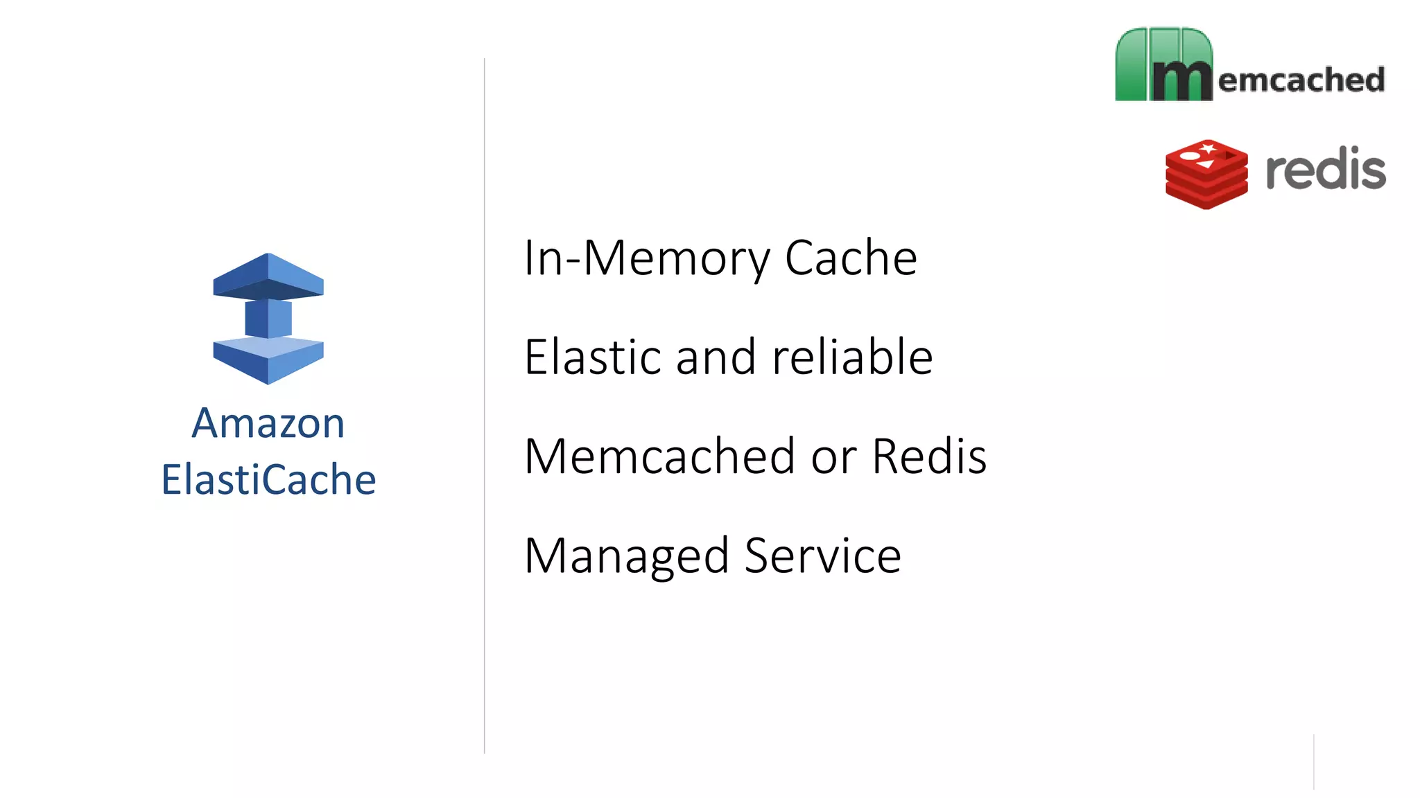 In-Memory Cache
Elastic and reliable
Memcached or Redis
Managed Service
Amazon
ElastiCache
 