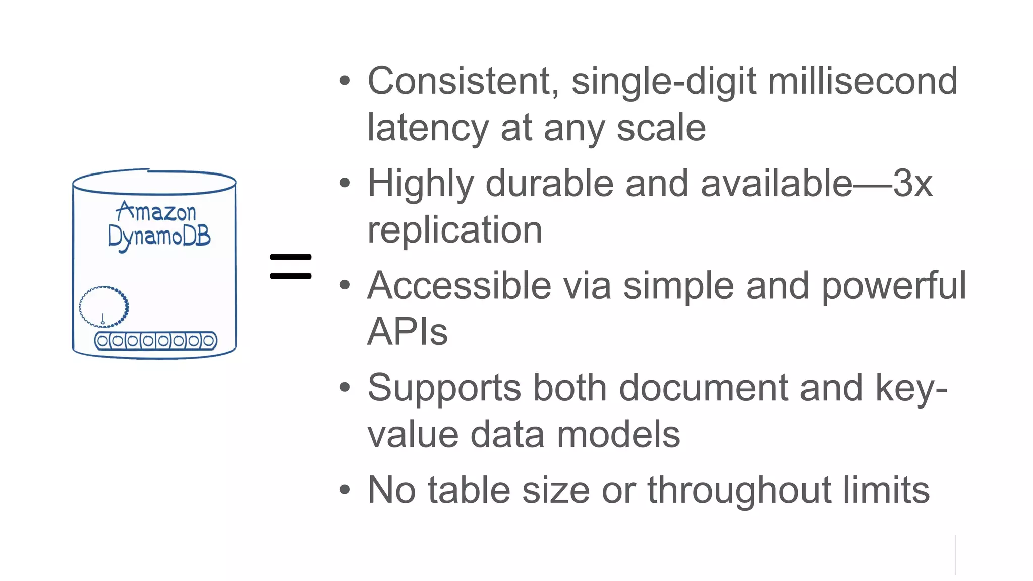 =
• Consistent, single-digit millisecond
latency at any scale
• Highly durable and available—3x
replication
• Accessible via simple and powerful
APIs
• Supports both document and key-
value data models
• No table size or throughout limits
 