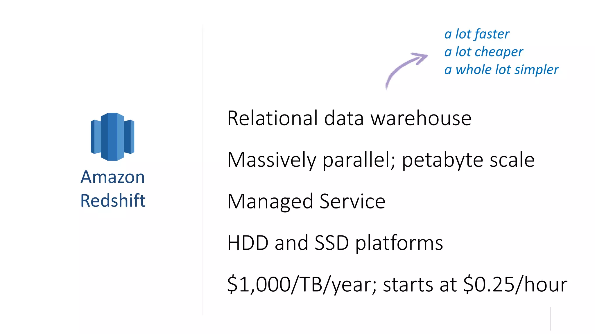 Relational data warehouse
Massively parallel; petabyte scale
Managed Service
HDD and SSD platforms
$1,000/TB/year; starts at $0.25/hour
Amazon
Redshift
a lot faster
a lot cheaper
a whole lot simpler
 