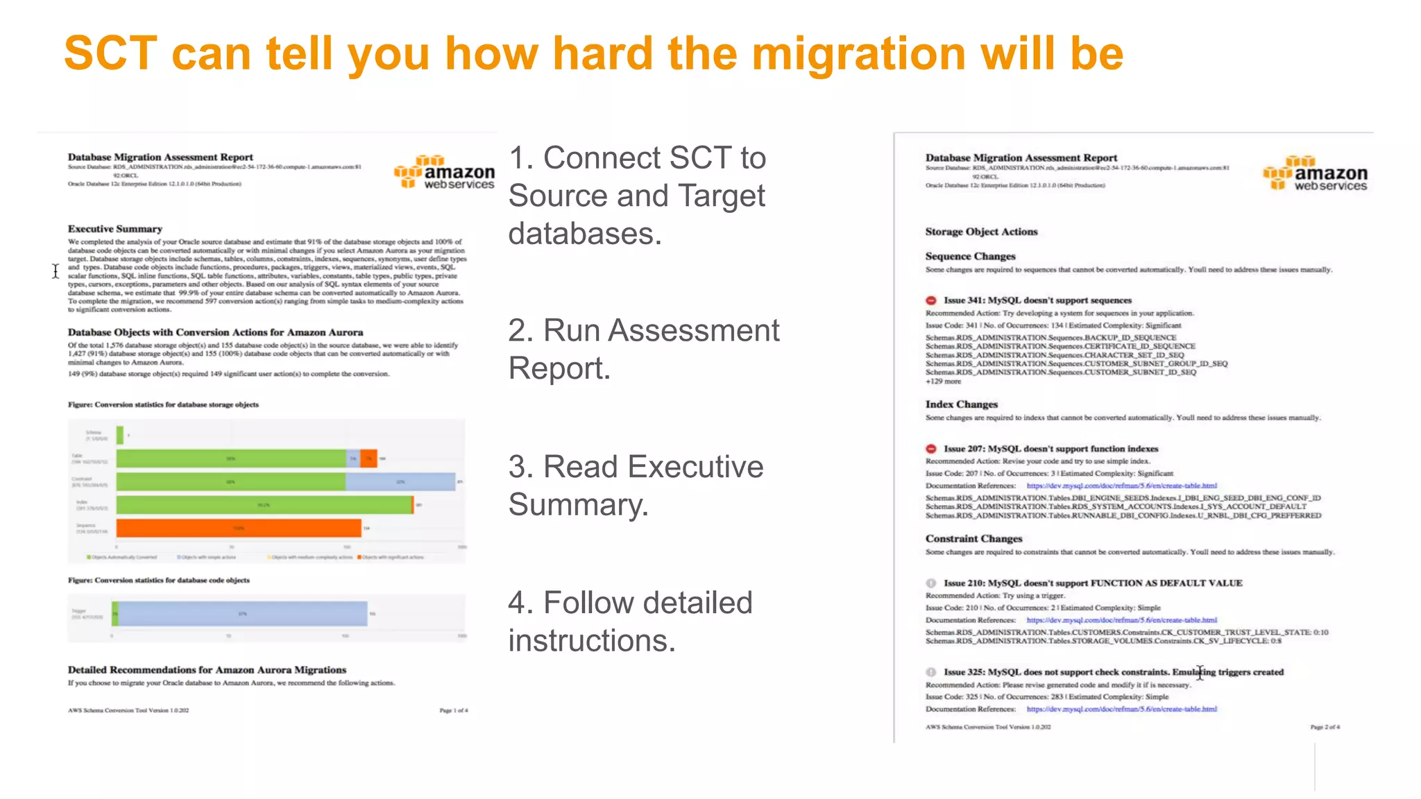 SCT can tell you how hard the migration will be
1. Connect SCT to
Source and Target
databases.
2. Run Assessment
Report.
3. Read Executive
Summary.
4. Follow detailed
instructions.
 