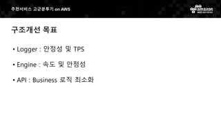 추천서비스 고군분투기 on AWS
구조개선 목표
• Logger : 안정성 및 TPS
• Engine : 속도 및 안정성
• API : Business 로직 최소화
 