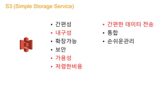 • 간편성
• 내구성
• 확장가능
• 보안
• 가용성
• 저렴한비용
• 간편한 데이터 전송
• 통합
• 손쉬운관리
S3 (Simple Storage Service)
 