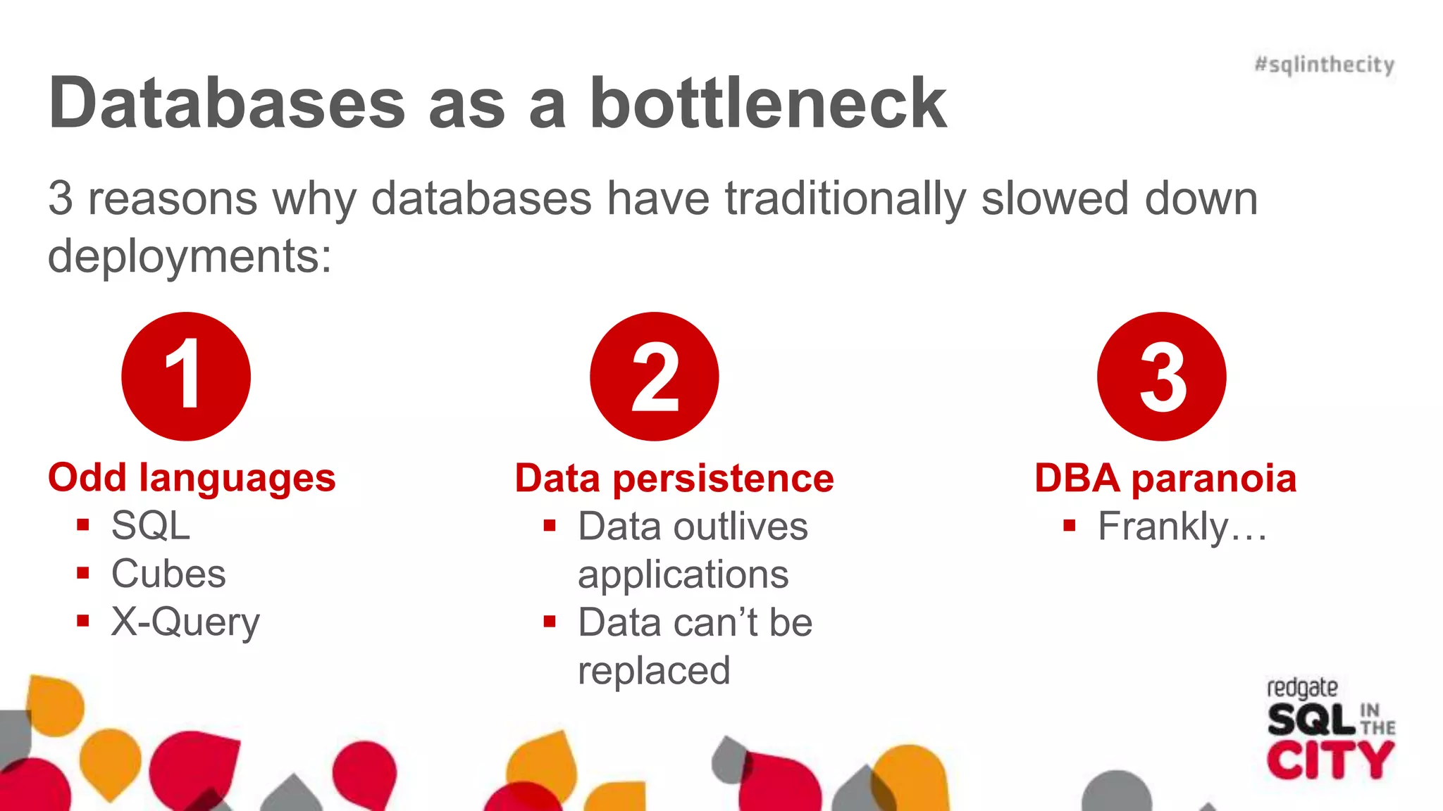 Databases as a bottleneck Odd languages  SQL  Cubes  X-Query 3 reasons why databases have traditionally slowed down deployments: Data persistence  Data outlives applications  Data can’t be replaced DBA paranoia  Frankly… 1 2 3 