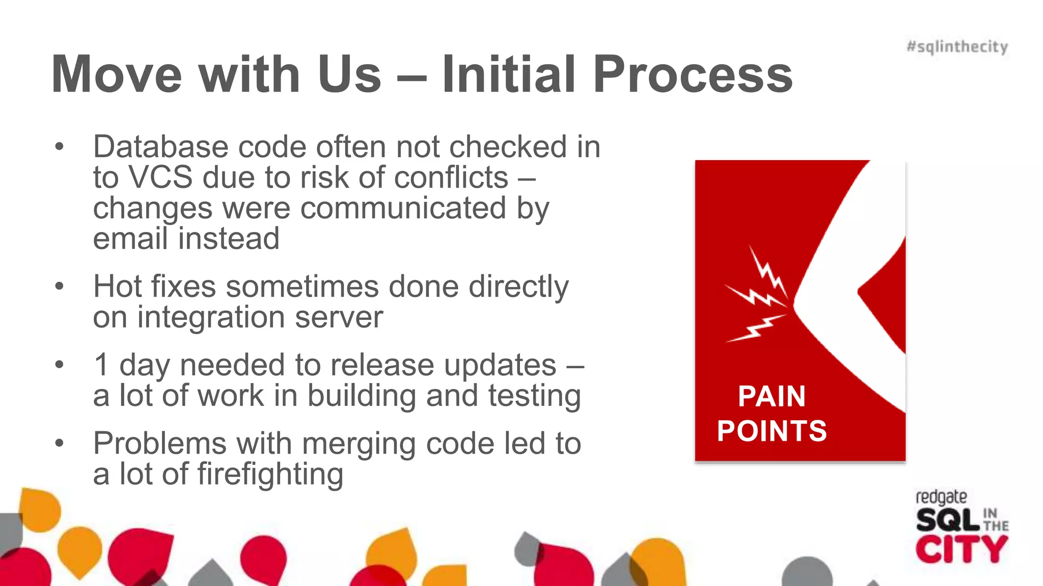 Move with Us – Initial Process • Database code often not checked in to VCS due to risk of conflicts – changes were communicated by email instead • Hot fixes sometimes done directly on integration server • 1 day needed to release updates – a lot of work in building and testing • Problems with merging code led to a lot of firefighting PAIN POINTS 