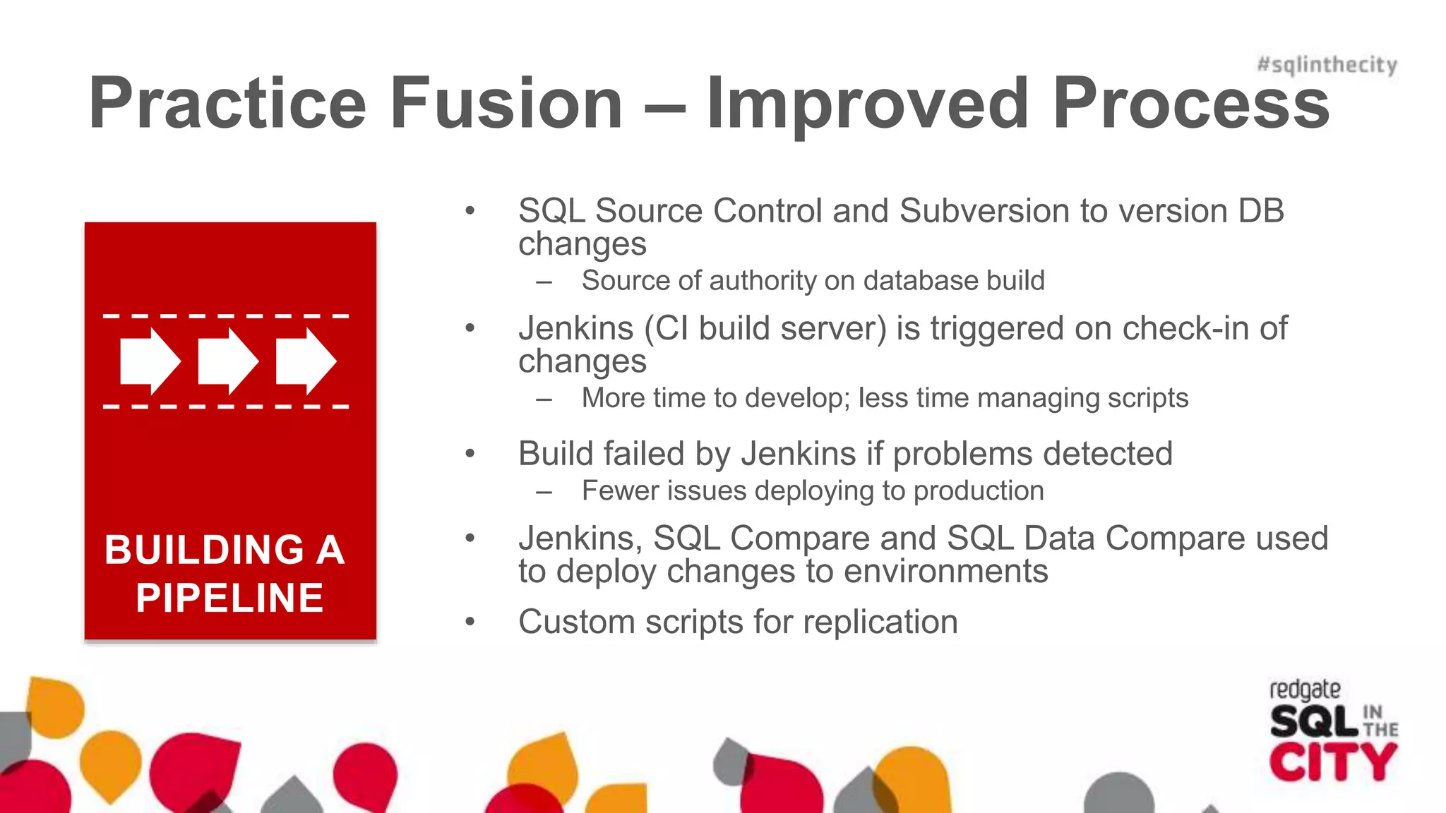 Practice Fusion – Improved Process • SQL Source Control and Subversion to version DB changes – Source of authority on database build • Jenkins (CI build server) is triggered on check-in of changes – More time to develop; less time managing scripts • Build failed by Jenkins if problems detected – Fewer issues deploying to production • Jenkins, SQL Compare and SQL Data Compare used to deploy changes to environments • Custom scripts for replication BUILDING A PIPELINE 