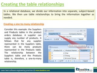 Creating the table relationships
In a relational database, we divide our information into separate, subject-based
tables. We then use table relationships to bring the information together as
needed.
Creating a one-to-many relationship
Consider this example: the Suppliers
and Products tables in the product
orders database. A supplier can
supply any number of products. It
follows that for any supplier
represented in the Suppliers table,
there can be many products
represented in the Products table.
The relationship between the
Suppliers table and the Products
table is, therefore, a one-to-many
relationship.
 