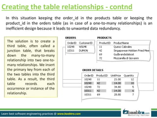 Creating the table relationships - contnd
In this situation keeping the order_id in the products table or keeping the
product_id in the orders table (as in case of a one-to-many relationships) is an
inefficient design because it leads to unwanted data redundancy.
The solution is to create a
third table, often called a
junction table, that breaks
down the many-to-many
relationship into two one-to-
many relationships. We insert
the primary key from each of
the two tables into the third
table. As a result, the third
table records each
occurrence or instance of the
relationship.
 