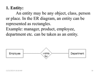 1. Entity:
An entity may be any object, class, person
or place. In the ER diagram, an entity can be
represented as rectangles.
Example: manager, product, employee,
department etc. can be taken as an entity.
11/21/2023 9:18:28 AM 18
 