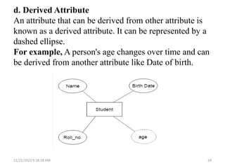 d. Derived Attribute
An attribute that can be derived from other attribute is
known as a derived attribute. It can be represented by a
dashed ellipse.
For example, A person's age changes over time and can
be derived from another attribute like Date of birth.
11/21/2023 9:18:28 AM 24
 