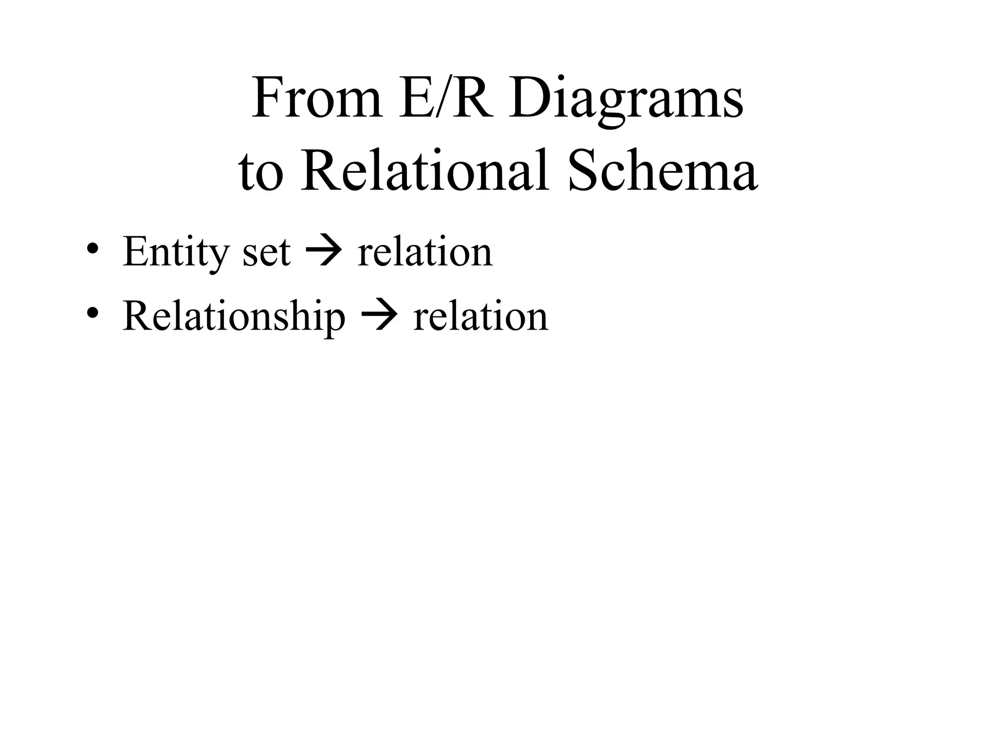 From E/R Diagrams
to Relational Schema
• Entity set  relation
• Relationship  relation
 