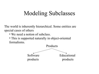 Modeling Subclasses
The world is inherently hierarchical. Some entities are
special cases of others
• We need a notion of subclass.
• This is supported naturally in object-oriented
formalisms.
Products
Software
products
Educational
products
 