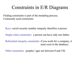 Constraints in E/R Diagrams
Finding constraints is part of the modeling process.
Commonly used constraints:
Keys: social security number uniquely identifies a person.
Single-value constraints: a person can have only one father.
Referential integrity constraints: if you work for a company, it
must exist in the database.
Other constraints: peoples’ ages are between 0 and 150.
 