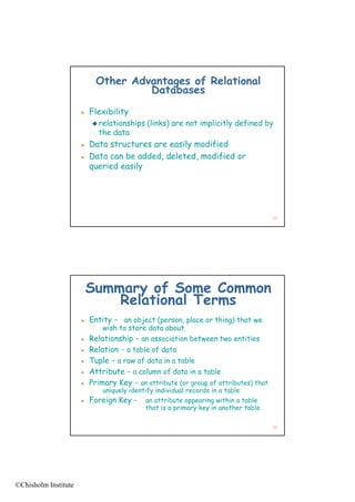 Other Advantages of Relational
                                     Databases
                         Flexibility
                           relationships
                              l      h       (links) are not implicitly defined by
                                             (l k )             l    l d f d
                            the data
                         Data structures are easily modified
                         Data can be added, deleted, modified or
                          queried easily




                                                                                     25




                          Summary of Some Common
                              Relational Terms
                         Entity - an object (person, place or thing) that we
                              wish to store data about
                         Relationship - an association between two entities
                         Relation - a table of data
                         Tuple - a row of data in a table
                         Attribute - a column of data in a table
                         Primary Key - an attribute (or group of attributes) that
                              uniquely identify individual records in a table
                         Foreign Key -     an attribute appearing within a table
                                            that is a primary key in another table

                                                                                     26




©Chisholm Institute
 