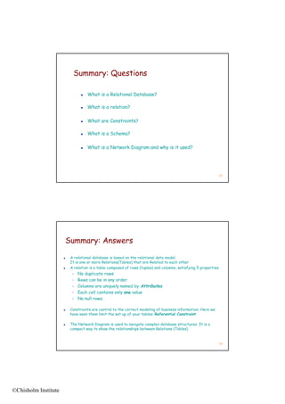 Summary: Questions

                                    What is a Relational Database?

                                    What is a relation?

                                    What are Constraints?

                                    What is a Schema?

                                    What is a Network Diagram and why is it used?




                                                                                                                  33




                          Summary: Answers

                          A relational database is based on the relational data model.
                           It is one or more Relations(Tables) that are Related to each other
                          A relation is a table composed of rows (tuples) and columns, satisfying 5 properties
                            •   No duplicate rows
                            •   Rows can be in any order
                            •   Columns are uniquely named by Attributes
                            •   Each cell contains only one value
                            •   No null rows.

                          Constraints are central to the correct modeling of business information. Here we
                           have seen them limit the set up of your tables: Referential Constraint

                          The Network Diagram is used to navigate complex database structures. It is a
                           compact way to show the relationships between Relations (Tables)


                                                                                                                  34




©Chisholm Institute
 