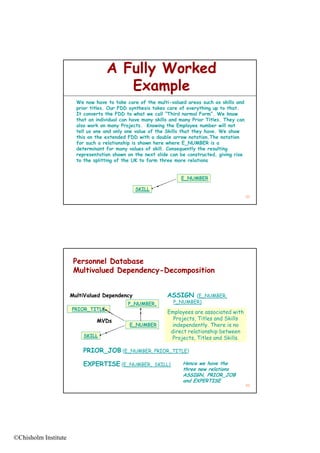 A Fully Worked
                                       Example
                        We now have to take care of the multi-valued areas such as skills and
                        prior titles. Our FDD synthesis takes care of everything up to that.
                              titles                                                    that
                        It converts the FDD to what we call “Third normal Form”. We know
                        that an individual can have many skills and many Prior Titles. They can
                        also work on many Projects. Knowing the Employee number will not
                        tell us one and only one value of the Skills that they have. We show
                        this on the extended FDD with a double arrow notation.The notation
                        for such a relationship is shown here where E_NUMBER is a
                        determinant for many values of skill. Consequently the resulting
                        representation shown on the next slide can be constructed, giving rise
                          p                                                        , g   g
                        to the splitting of the UK to form three more relations


                                                                    E_NUMBER

                                                SKILL
                                                                                                  85




                       Personnel Database
                       Multivalued Dependency-Decomposition


                      MultiValued Dependency                  ASSIGN    (E_NUMBER,
                                                                        (E NUMBER
                                             P_NUMBER,           P_NUMBER)
                      PRIOR_TITLE
                                                              Employees are associated with
                                MVDs                            Projects, Titles and Skills
                                              E_NUMBER          independently. There is no
                                                               direct relationship between
                           SKILL                                Projects, Titles and Skills.

                          PRIOR_JOB (E_NUMBER, PRIOR_TITLE)

                          EXPERTISE (E_NUMBER,          SKILL)      Hence we have the
                                                                    three new relations
                                                                    ASSIGN, PRIOR_JOB
                                                                    and EXPERTISE
                                                                                                  86




©Chisholm Institute
 