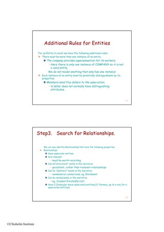 Additional Rules for Entities
                      For an Entity to exist we have the following additional rules:
                       There must be more than one instance of an entity.
                           The company provides superannuation for its workers.
                             Here there is only one instance of COMPANY so it is not
                               a valid entity.
                             We do not model anything that only has one instance
                       Each instance of an entity must be potentially distinguishable by its
                        properties.
                           Members send five dollars to the association.
                             A dollar does not normally have distinguishing
                              attributes.


                                                                                                   117




                      Step3. Search for Relationships.

                         We can now identify Relationships that have the following properties:
                        Relationships
                            Have associate entities
                            Are relevant
                                must be worth recording
                            Can be"structural" verbs in the narrative
                                persistent, rather than transient relationships
                            Can be "abstract" nouns in the narrative
                                nonmaterial connections, eg. Enrolment
                            Can be verbalizable in the narrative
                                eg. Student EnrolledIn Unit
                            Have 2 (binary)or more associated entities.(3-Ternary, up to n-ary for n
                             associated entities)



                                                                                                   118




©Chisholm Institute
 