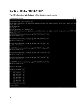 18
TASK 6 – DATA POPULATION
The SQL insert scripts Data on all the bookings, and guests.
 