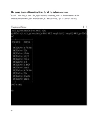 34
The query shows all inventory items for all the deluxe caravans.
SELECT units.unit_id, units.Unit_Type, inventory.Inventory_Item FROM units INNER JOIN
inventory ON units.Unit_Id = inventory.Unit_ID WHERE Unit_Type = "Deluxe Caravan";
 