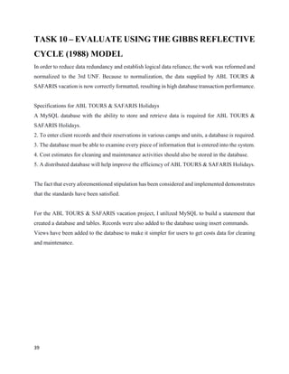 39
TASK 10 – EVALUATE USING THE GIBBS REFLECTIVE
CYCLE (1988) MODEL
In order to reduce data redundancy and establish logical data reliance, the work was reformed and
normalized to the 3rd UNF. Because to normalization, the data supplied by ABL TOURS &
SAFARIS vacation is now correctly formatted, resulting in high database transaction performance.
Specifications for ABL TOURS & SAFARIS Holidays
A MySQL database with the ability to store and retrieve data is required for ABL TOURS &
SAFARIS Holidays.
2. To enter client records and their reservations in various camps and units, a database is required.
3. The database must be able to examine every piece of information that is entered into the system.
4. Cost estimates for cleaning and maintenance activities should also be stored in the database.
5. A distributed database will help improve the efficiency of ABL TOURS & SAFARIS Holidays.
The fact that every aforementioned stipulation has been considered and implemented demonstrates
that the standards have been satisfied.
For the ABL TOURS & SAFARIS vacation project, I utilized MySQL to build a statement that
created a database and tables. Records were also added to the database using insert commands.
Views have been added to the database to make it simpler for users to get costs data for cleaning
and maintenance.
 