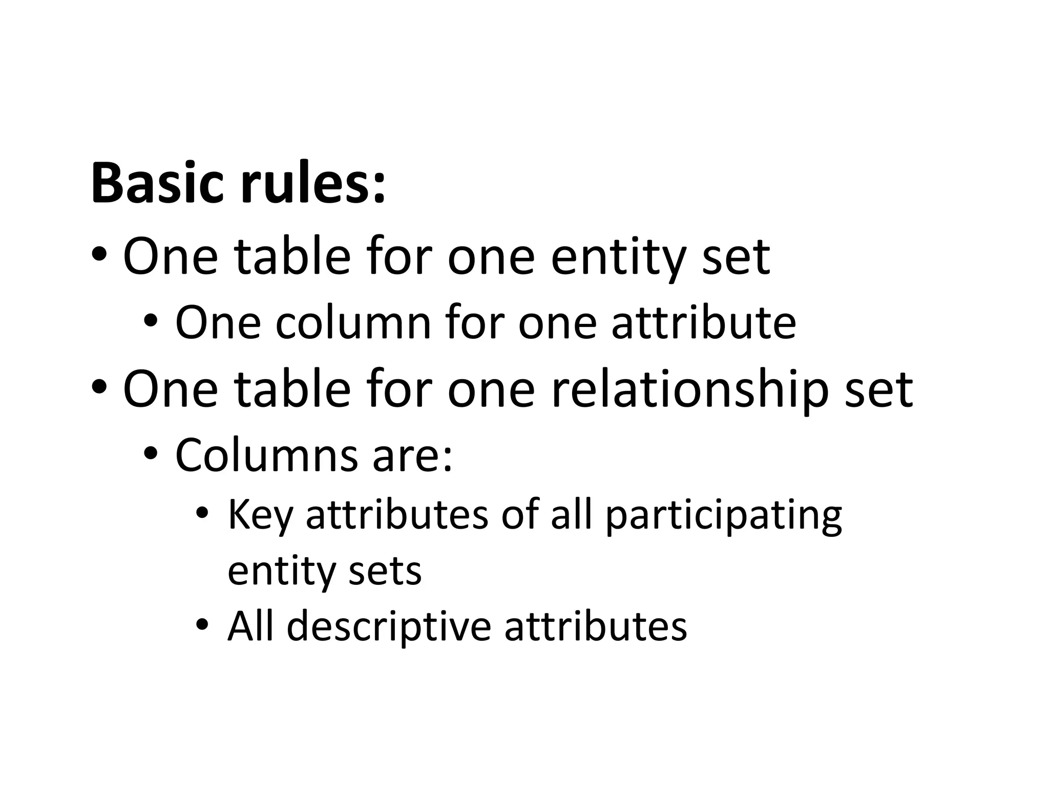 Basic rules: • One table for one entity set • One column for one attribute • One table for one relationship set • Columns are: • Key attributes of all participating entity sets • All descriptive attributes 