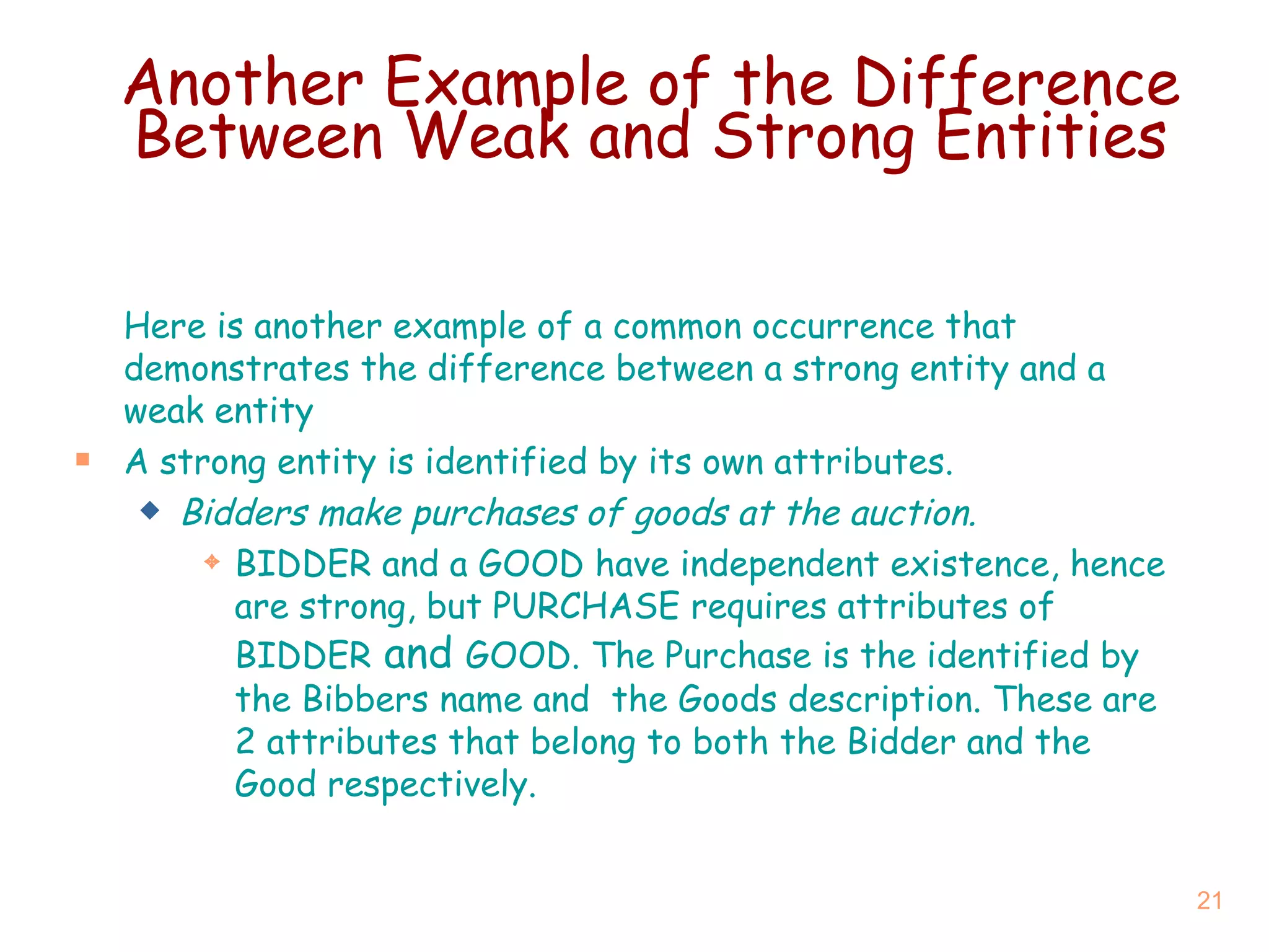 Another Example of the Difference Between Weak and Strong Entities Here is another example of a common occurrence that demonstrates the difference between a strong entity and a weak entity A strong entity is identified by its own attributes. Bidders make purchases of goods at the auction. BIDDER and  a  GOOD have independent existence, hence are strong, but PURCHASE requires attributes of BIDDER  and  GOOD.  The Purchase is the identified by the Bibbers name and  the Goods description. These are 2 attributes that belong to both the Bidder and the Good respectively. 