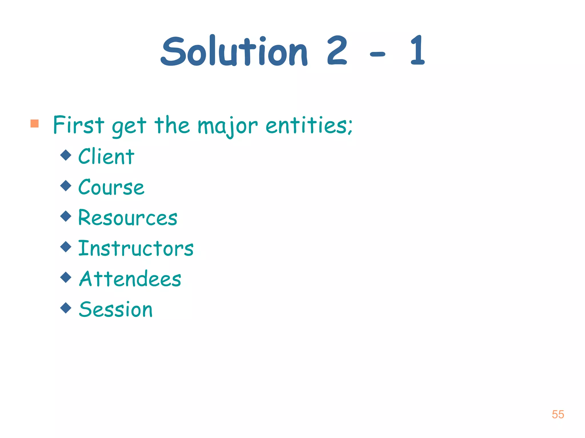 Solution 2 - 1 First get the major entities; Client  Course Resources Instructors Attendees Session 