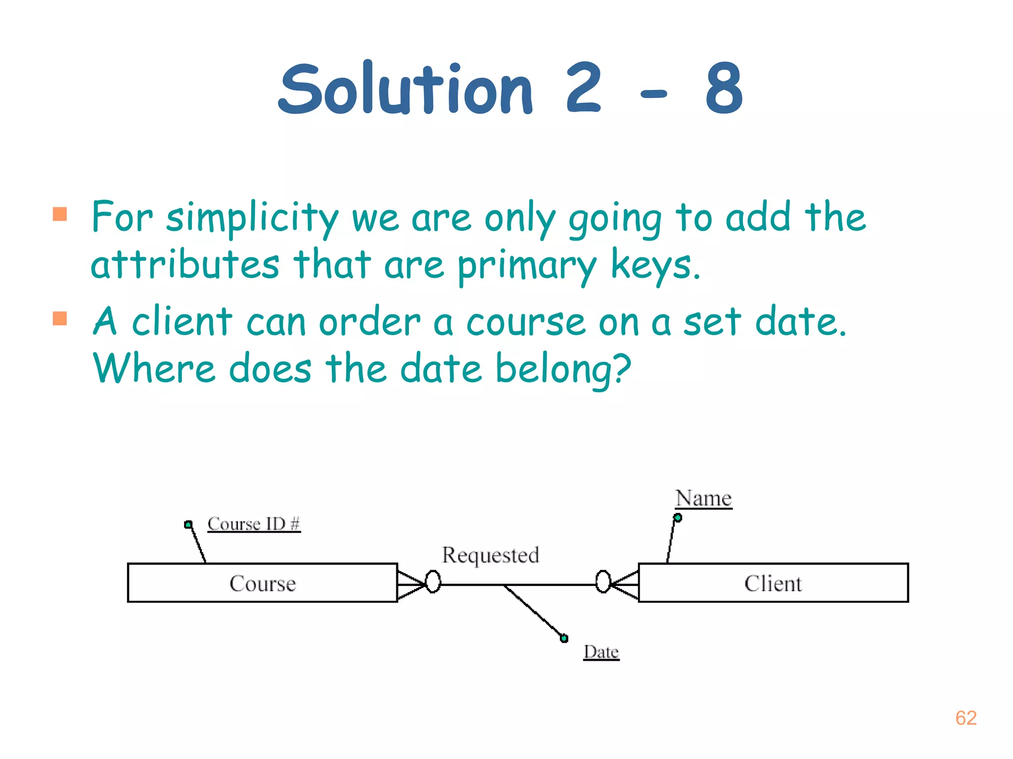 Solution 2 - 8 For simplicity we are only going to add the attributes that are primary keys. A client can order a course on a set date. Where does the date belong? 