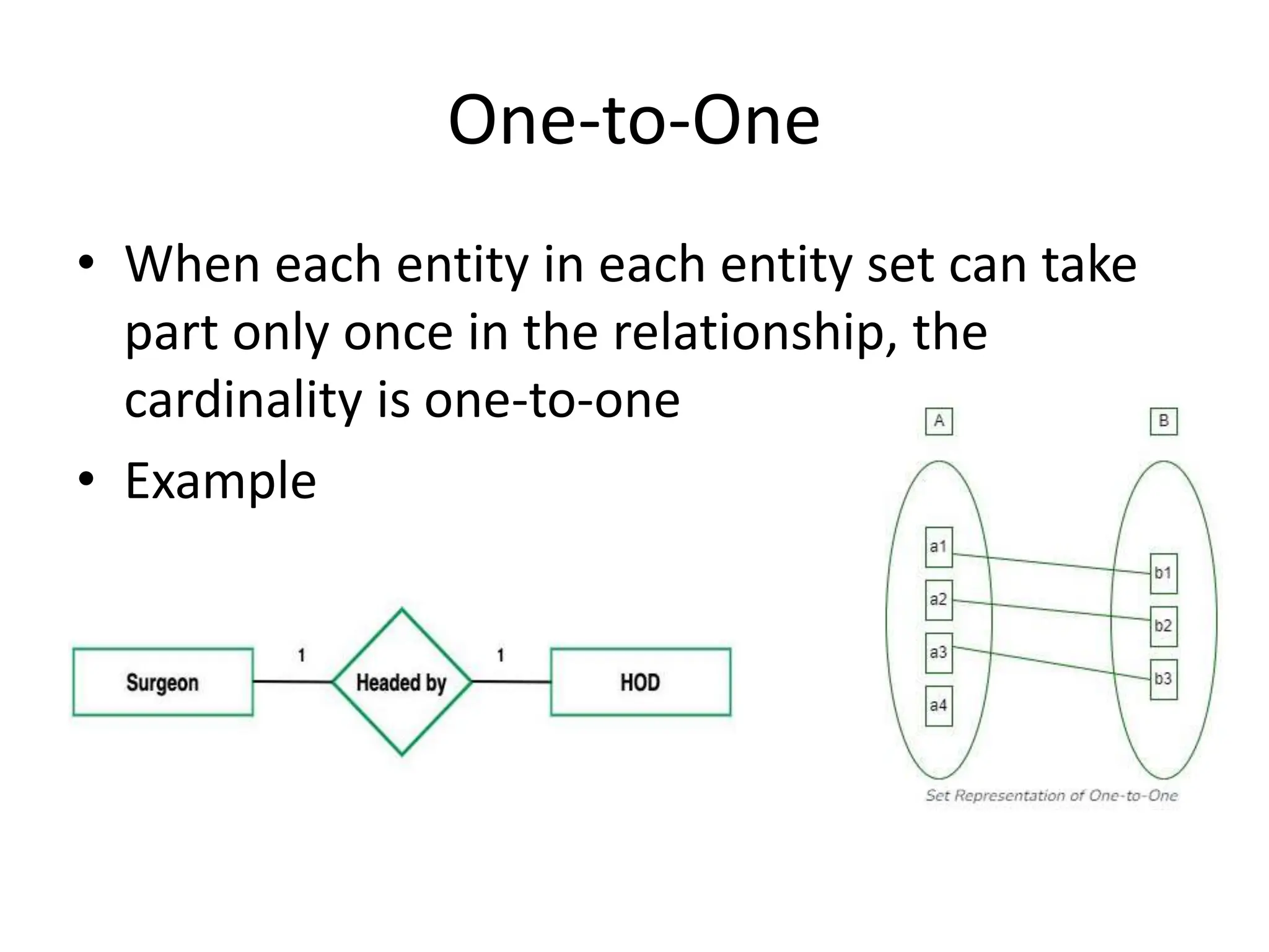 One-to-One
• When each entity in each entity set can take
part only once in the relationship, the
cardinality is one-to-one
• Example
 